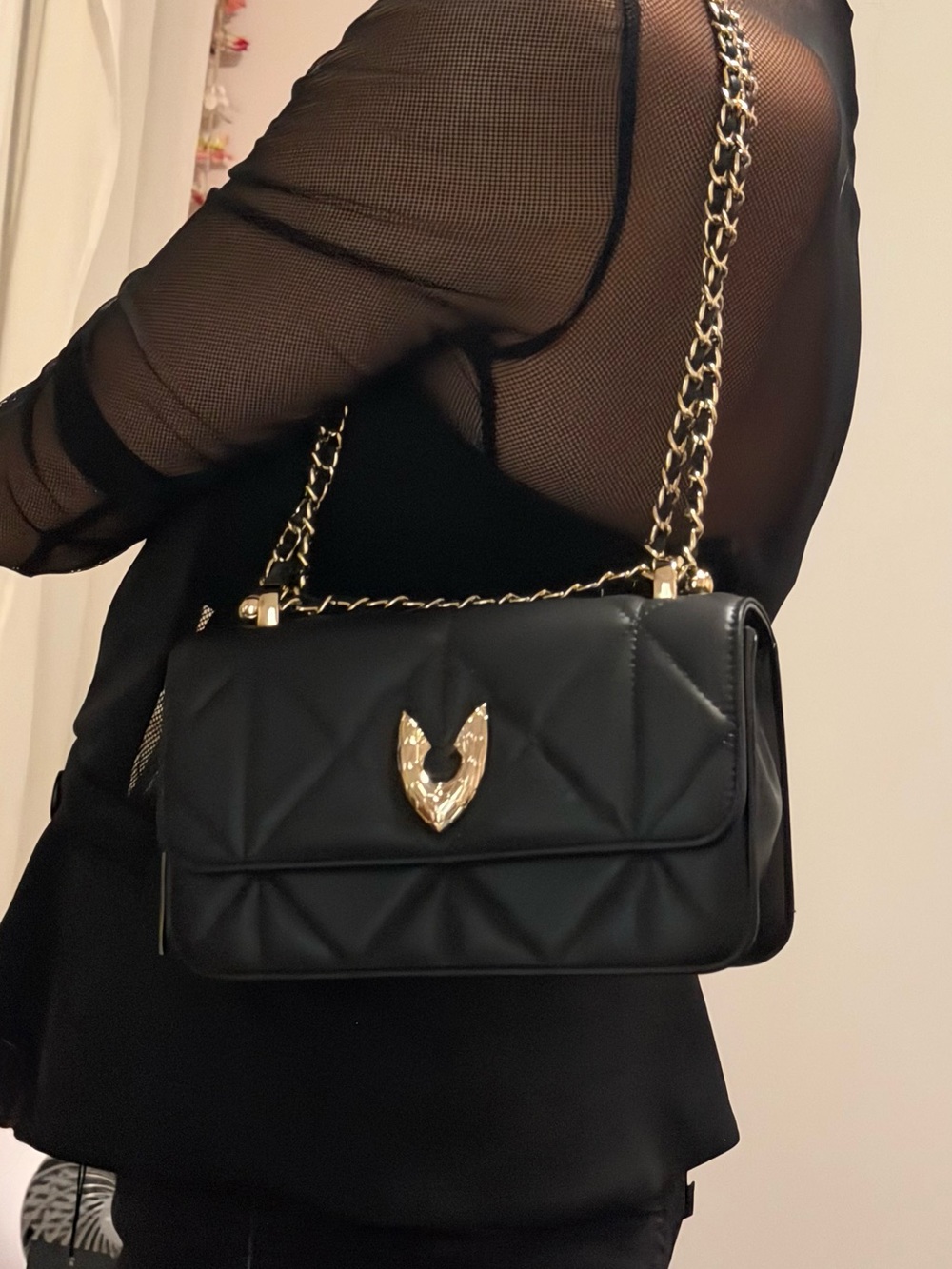 Gianfranco Ferre Black and Gold Quilted Shoulder Bag with Chain Strap